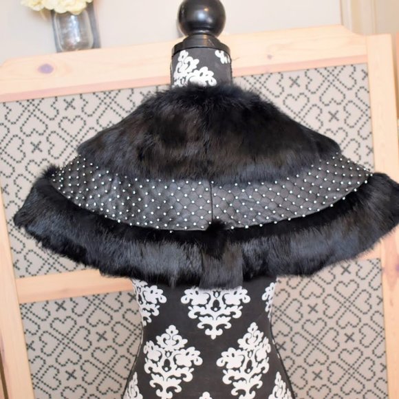 Beautiful Rabbit shrug wrap black rabbit fur, leather, and Rhinestones - Picture 2 of 9